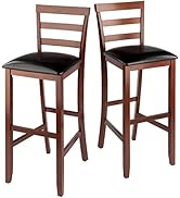 Winsome Simone 2-Pc Ladder Back Bar Stools Set, 30" Seat Height, Walnut Finish with Black Faux Le...