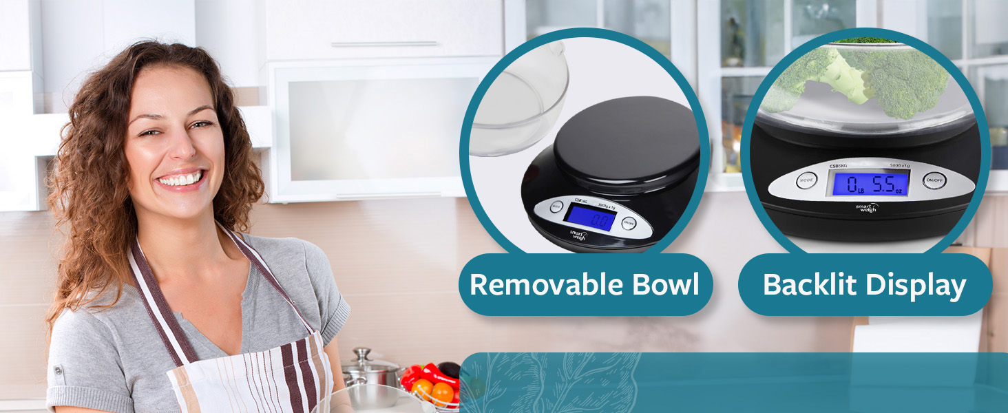 Smart Weigh Digital Kitchen Scale removable bowl backlit display woman cooking 