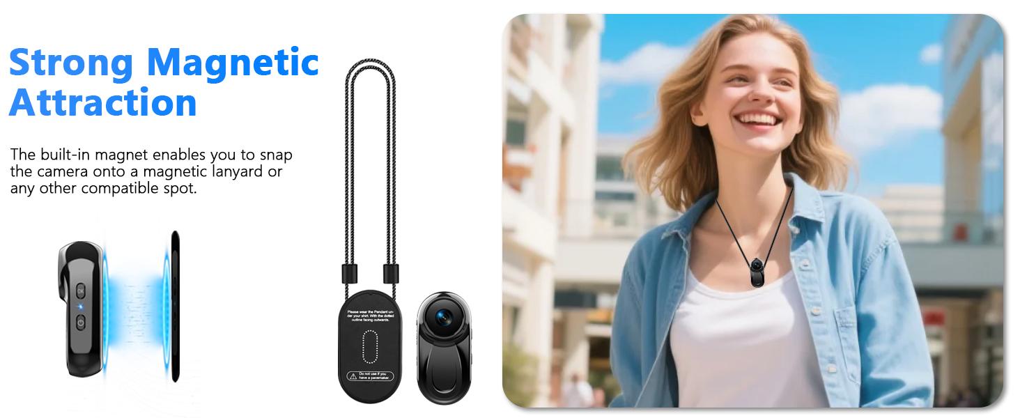 Text reads "Strong Magnetic Attraction". Small black cylindrical device shown next to blue pen demonstrating magnetic properties. Right side shows smiling woman wearing device on shirt outdoors.