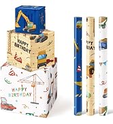 WERNNSAI Construction Wrapping Paper Rolls - 3 Short Rolls Birthday Wrapping Paper Rolls Kids Boy...