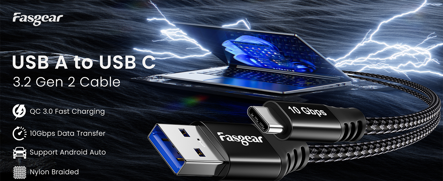 Fasgear USB to USB C Cable USB 3.2 Gen 2 10Gbps Data Transfer 3A Fast Charging
