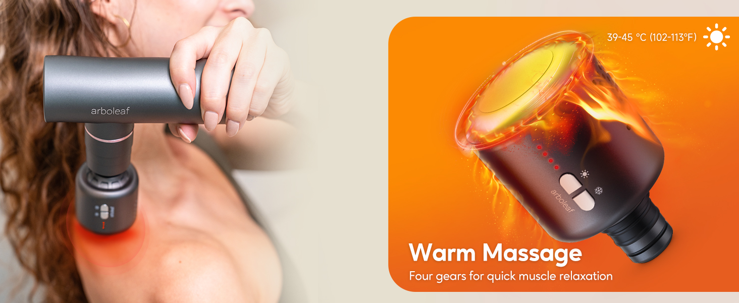 Warm massage head in use, heating 39–45°C, shown with flame effect