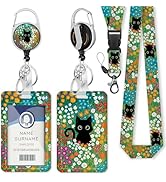 Gctriki Lanyards for Id Badges and Keys, Black Cat Flower Id Badge Holder, Cute Retractable Heavy...