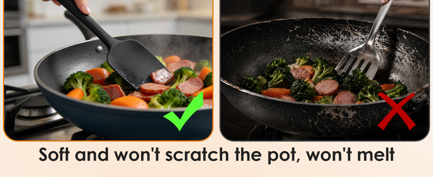 Silicone spatula stirs food without scratching non-stick pans, safe vs metal utensils
