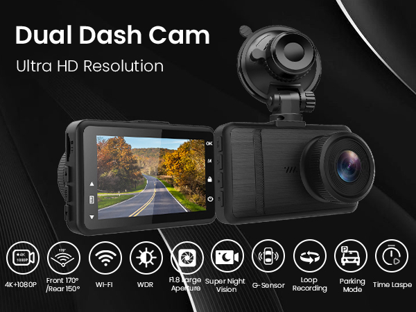 Dual dash cam with ultra HD resolution, featuring a large display screen showing a road view. Device has multiple features including Wi-Fi, night vision, and loop recording.