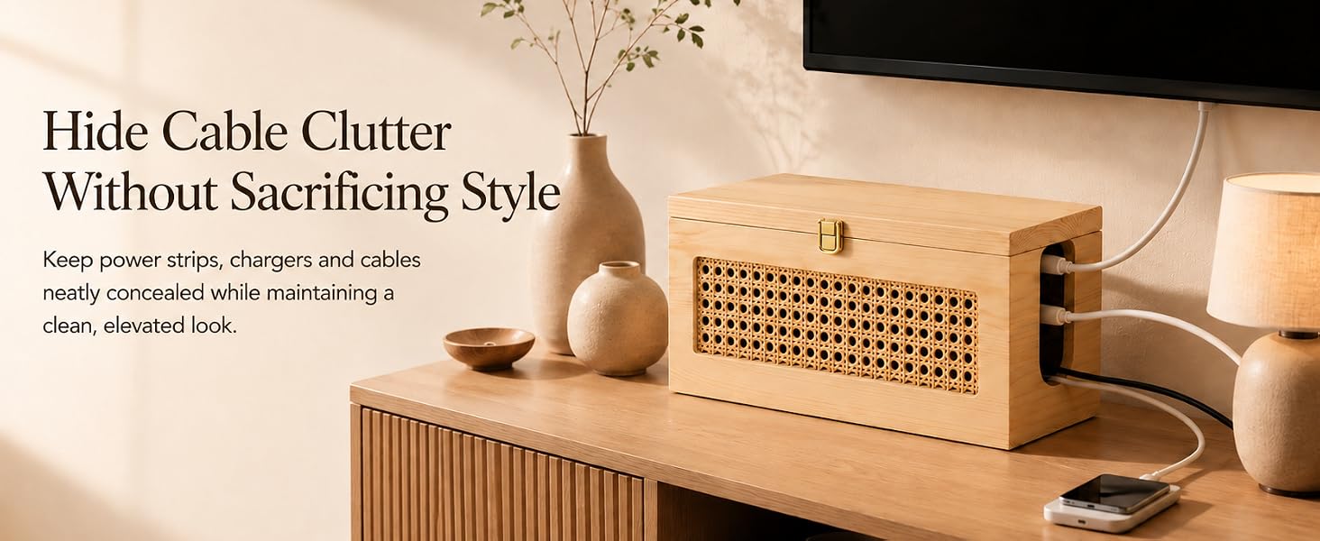 Wooden cable management box conceals power strips and cables while keeping charging accessible.