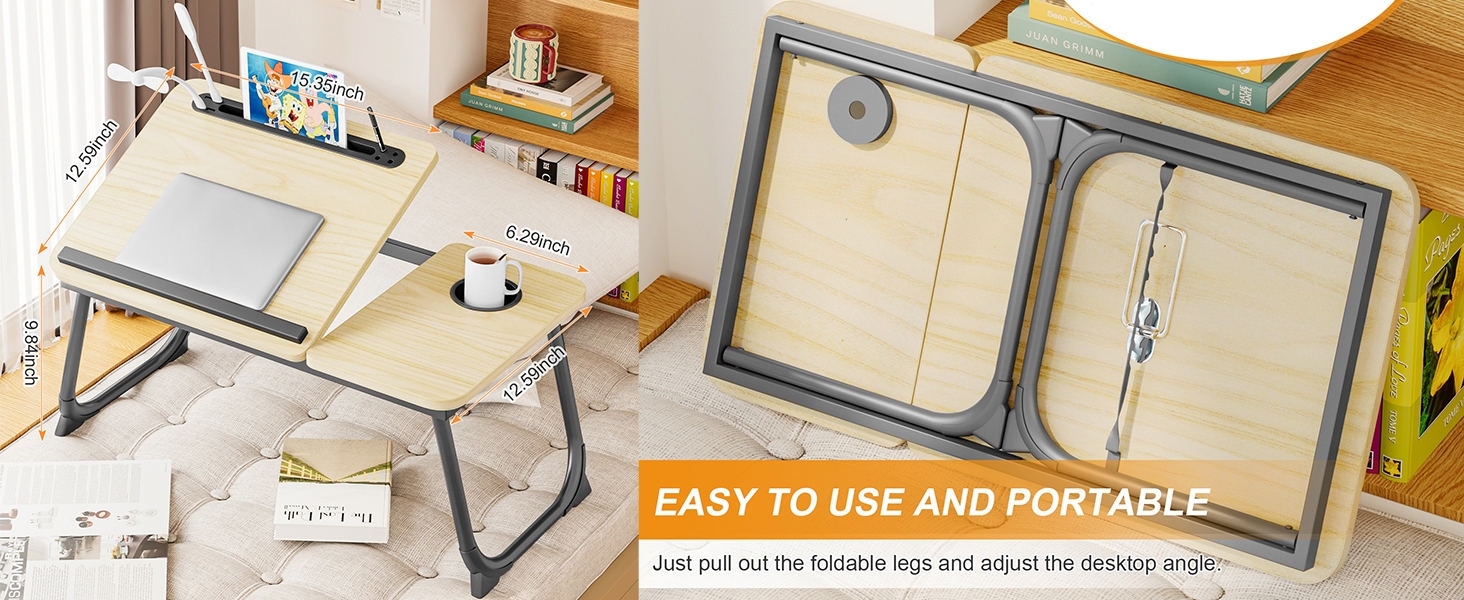 Adjustable Bed Table with USB Charge Port, Foldable Laptop Table with 5 Adjustable Angles