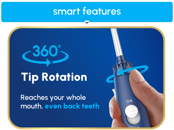  Image of Waterpik tooth flosser tip with text reading three hundred sixty tip rotation.