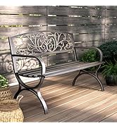 PHI VILLA 50Inch Cast Iron Steel Frame Garden Bench Patio Furniture Chair Outdoor Bench w/Floral ...