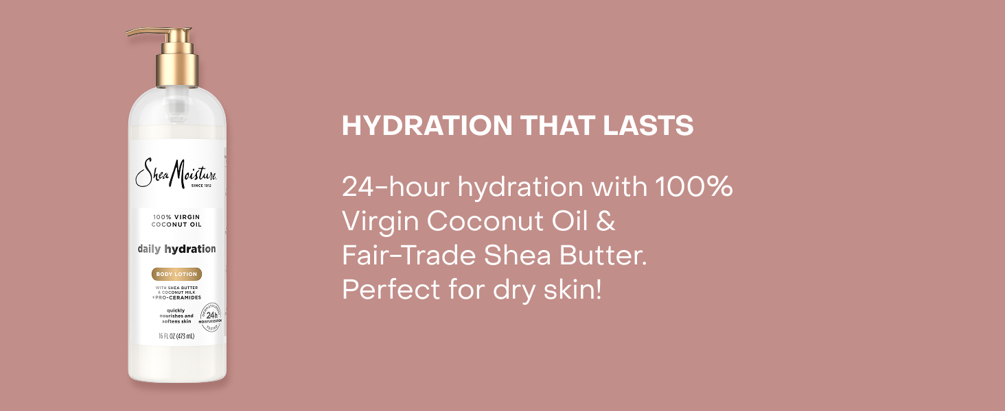 Image of SheaMoisture Body Lotion next to text about lasting hydration.