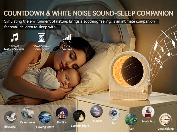 White noise machine with crescent moon display, featuring countdown timer, 10 nature sounds, and adjustable volume. Shown with mother and baby sleeping, highlighting its use as a sleep aid.