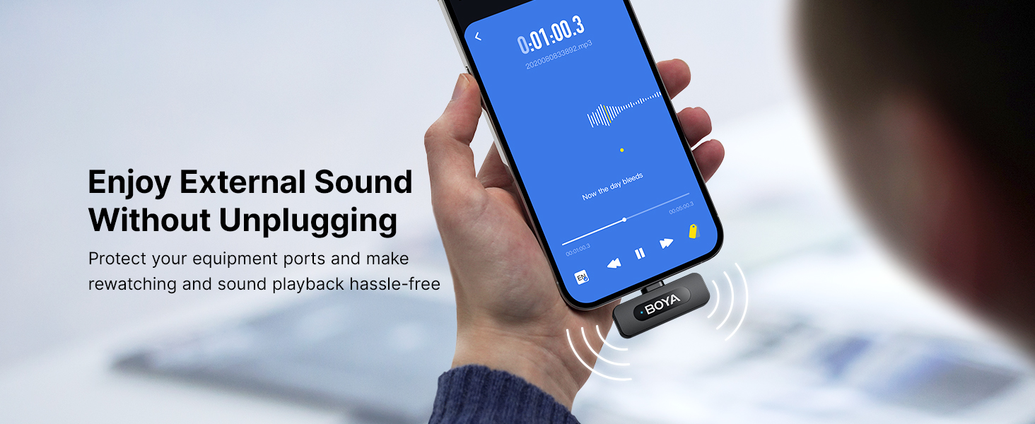 Smartphone displaying audio player interface with text 'Enjoy External Sound Without Unplugging' and connected external device.