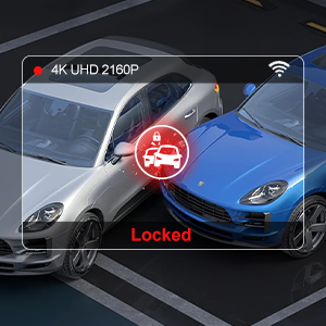 Car security interface display showing two vehicles, one white and one blue. Red 'Locked' text and icon visible, with '4K UHD 2160P' in top left corner.