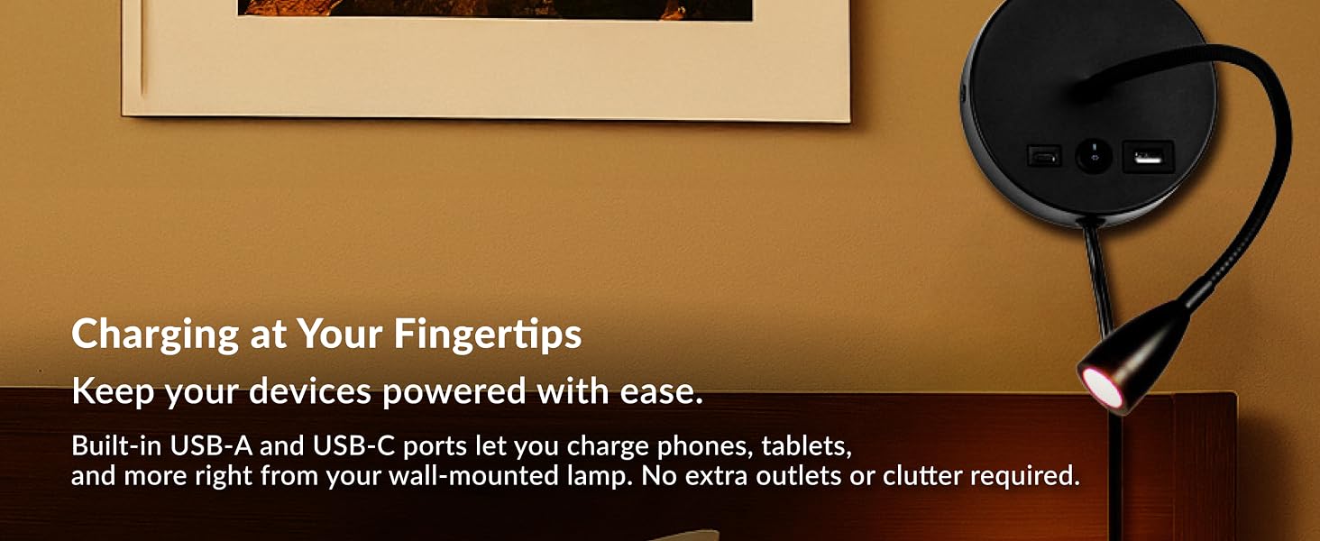 bedside lamp with USB-A and USB-C charging ports space saving desk accessory for nightstands