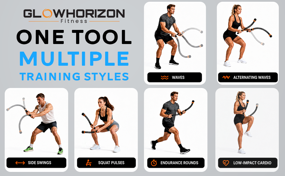 Portable battle rope sticks demonstrating home gym cardio and strength exercises