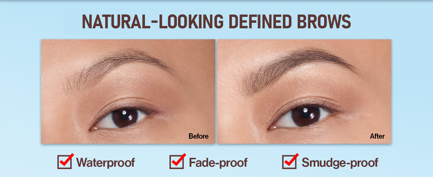 Before and After of eyebrows; before brows are sparse and after are filled in and appear fuller.