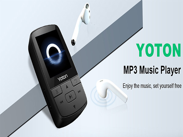 YOTON MP3 music player with black casing, control buttons, display screen showing blue circular icon, and white wireless earbuds displayed alongside.