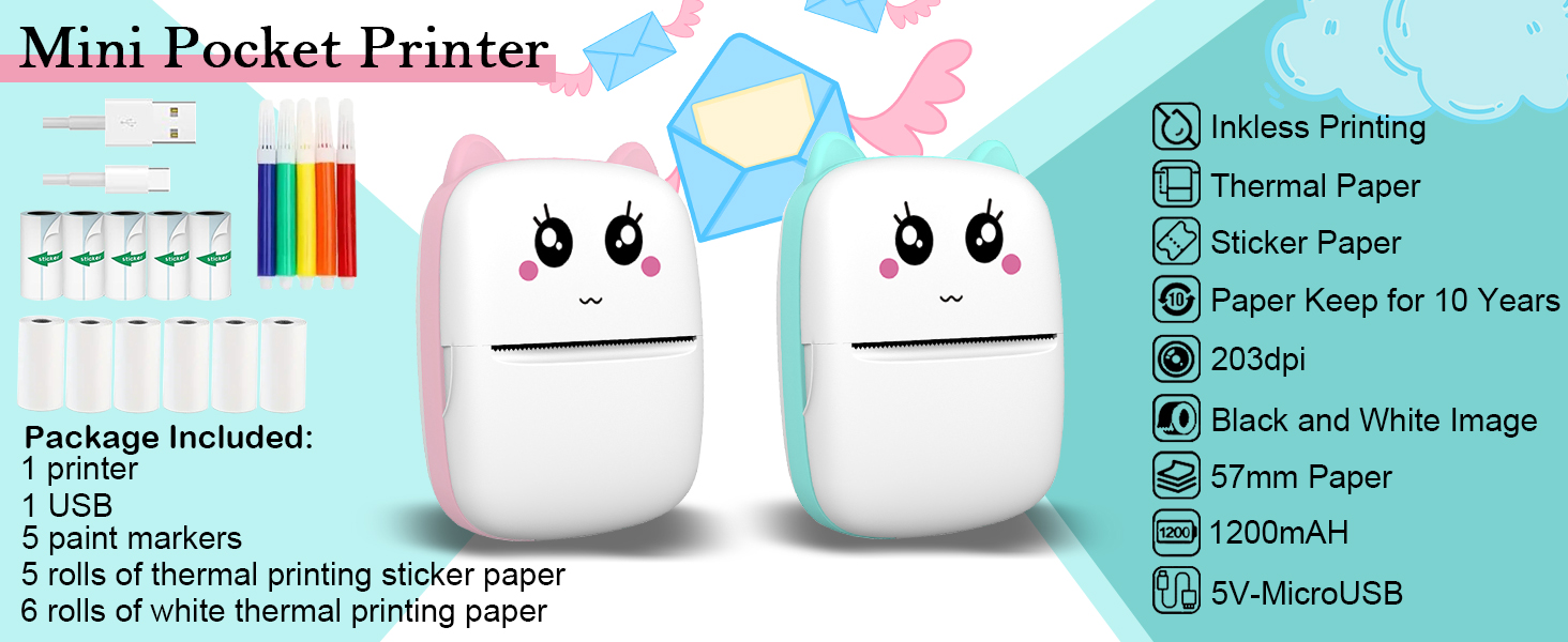 Mini Sticker Printer Thermal Printer Portable Sticker Maker, Bluetooth Inkless Printers