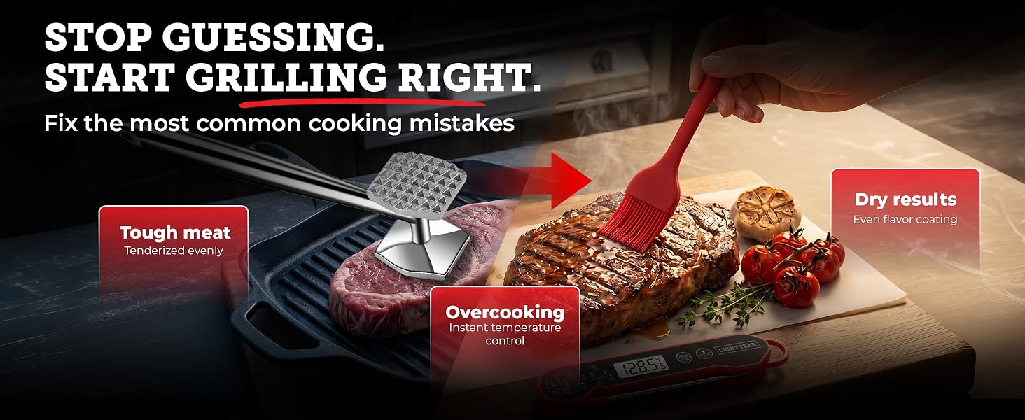 stainless steel meat hammer from the Grillmaster bundle shown tenderising meat on a chopping board