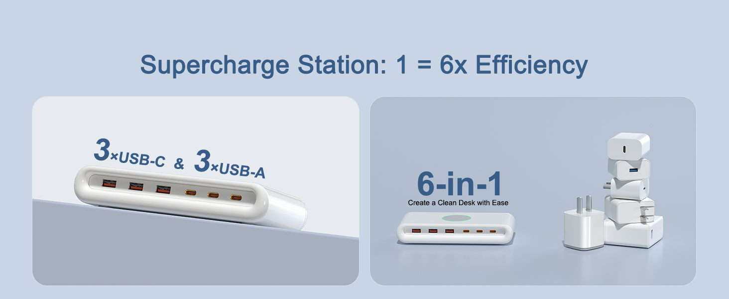 3 USB C charging ports and 3 USB A charging ports total 6 ports
