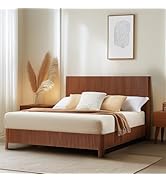 Evermagin Walnut Wooden Queen Bed Frame with Headboard, Mid Century Modern Fluted Platform Bed, B...