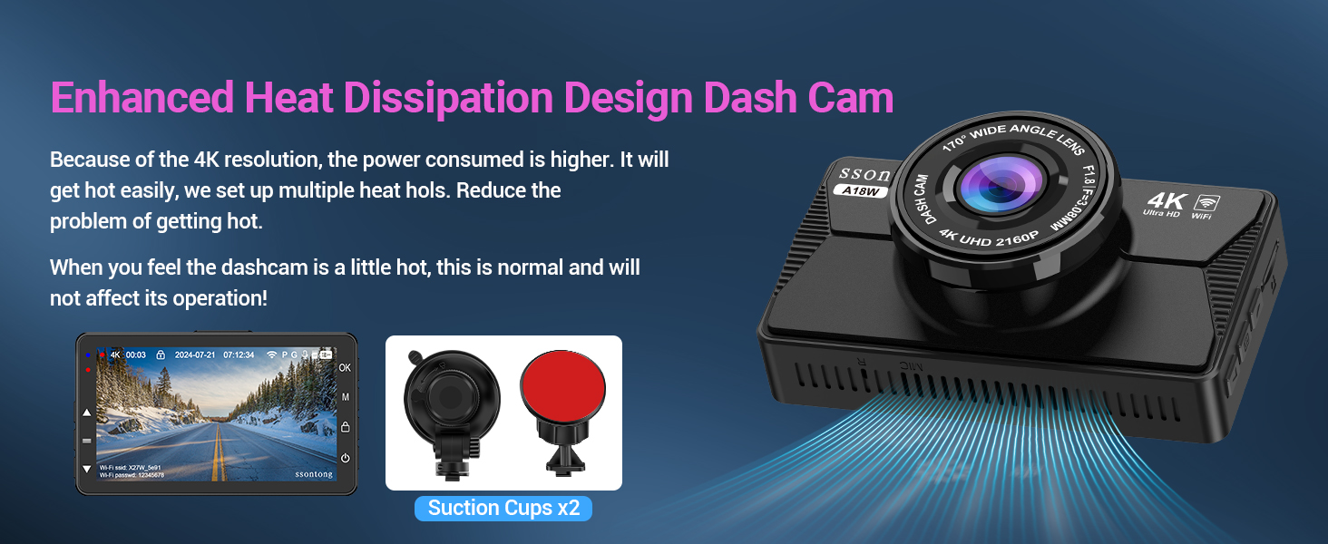 4K dash camera with heat dissipation design, featuring a black housing and lens. Product display shows both the camera unit and sample footage.