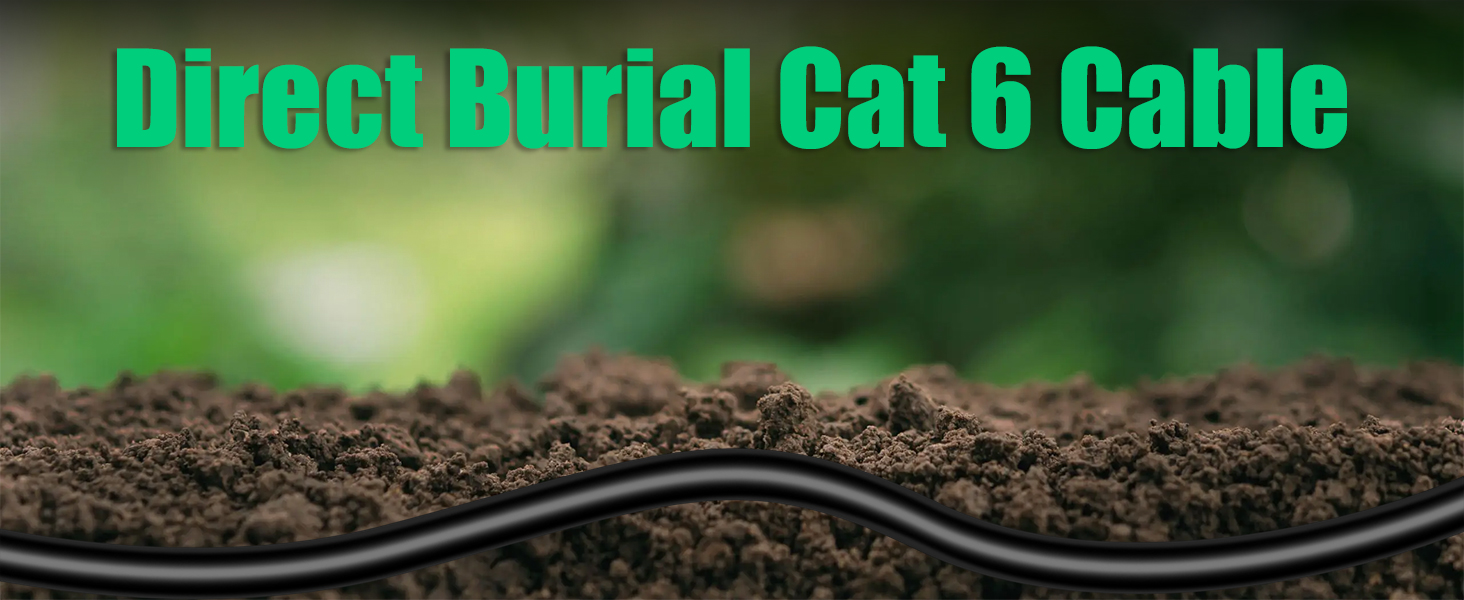 Direct Burial Cat 6 Cable partially buried in soil. Black cable visible against dark earth, demonstrating underground installation for network cabling.
