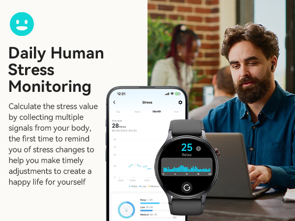 Smartwatch interface displaying stress monitoring feature. Shows daily stress graph and a 25% stress level. Accompanied by smartphone app screenshot with stress tracking data.