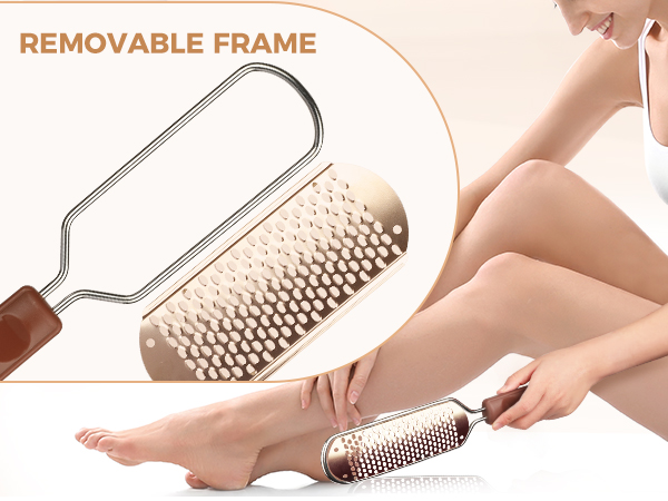 Close-up of foot care tool featuring removable metal frame with textured surface for exfoliation, shown in use.