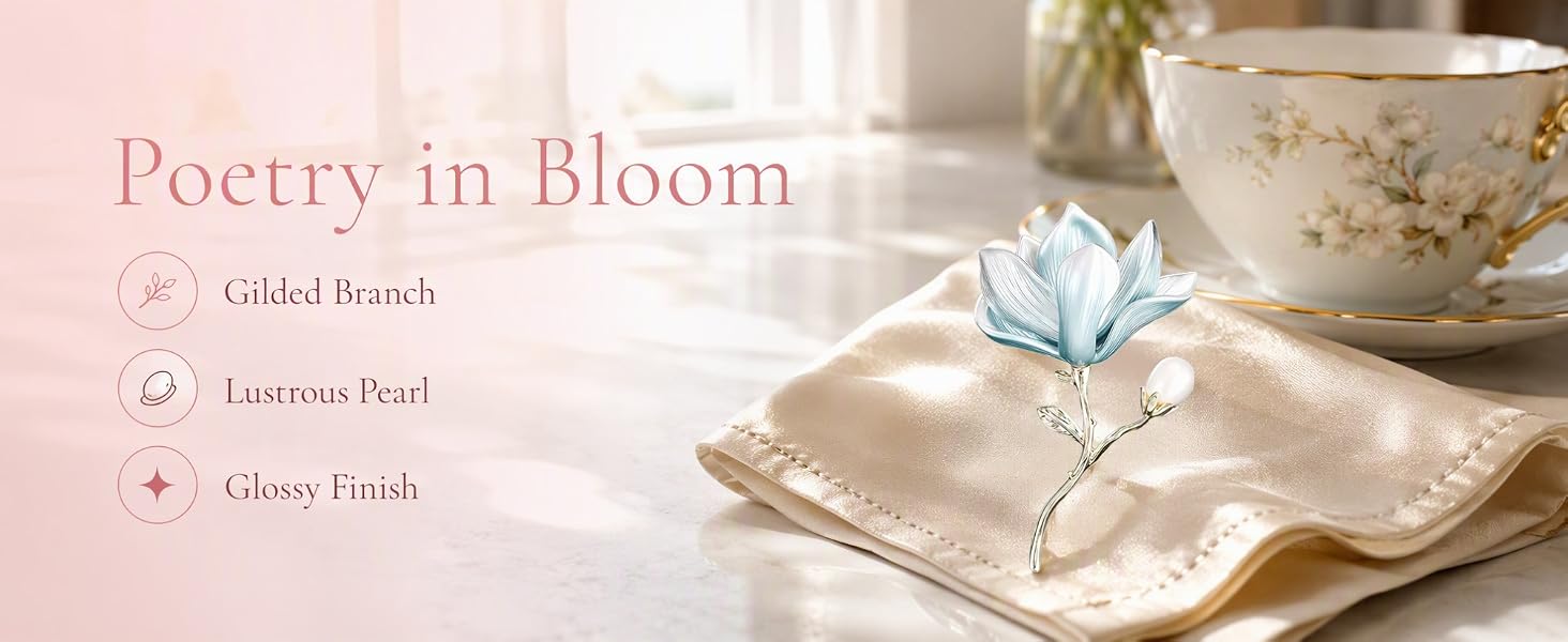 Enamel Magnolia Flower Brooch with Freshwater Pearl
