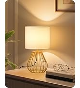 GOEBLESON Gold Table Lamp, Small Gold Bedside Lamp with Metal Base &amp; White Linen Lampshade, Moder...
