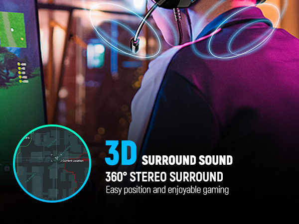 Gaming headset advertisement showcasing 3D surround sound feature with 360° stereo surround for immersive gaming experience. Partial view of headset visible.