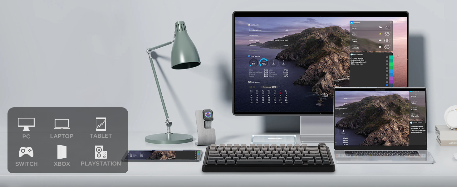 a computer with a desktop computer, tablet, phone and mouse.