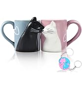 Kiss Cat Coffee Couple Handmade Mug, Funny Tea Ceramic cup set for Bride and Groom, Matching Gift...