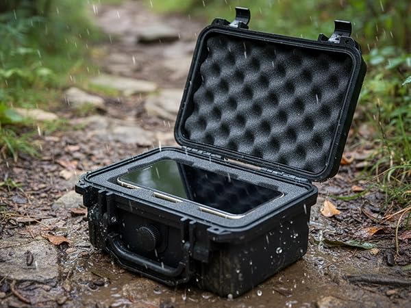 Series of images showing black protective hard case with foam padding interior, photographed in outdoor settings on forest ground.