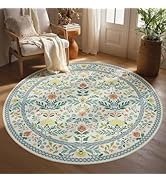 Joydeco Boho Floral Machine Washable Round Rugs 5ft, Beige Flower Circle Girls Bedroom Nursery Ar...