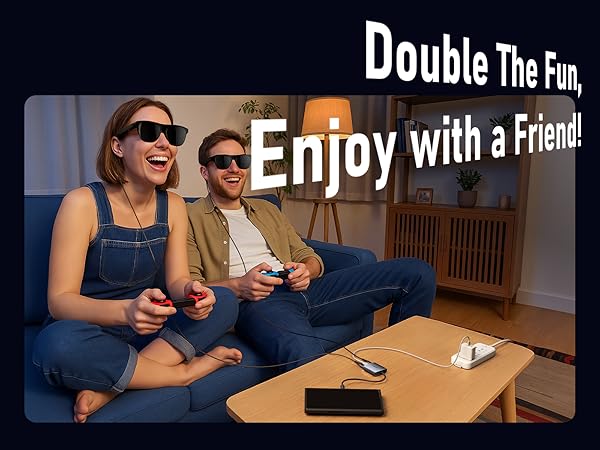 Text reads 'Double The Fun' and 'Enjoy with a Friend'. Series of images showing people using what appears to be an electronic device in a dimly lit setting.