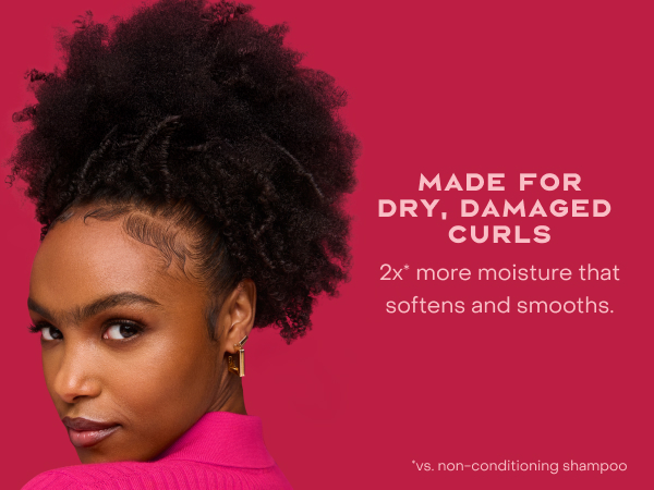 Closeup of woman with curly hair next to text about moisturizing dry, damage curls.
