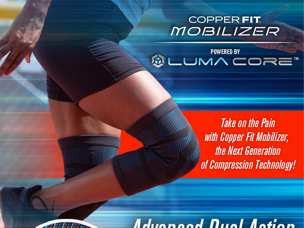Copper Fit Mobilizer with Luma Core shown on athlete running, support and compression sleeves
