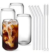 NETANY Drinking Glasses with Glass Straw 4pcs Set - 16oz Can Shaped Glass Cups, Beer Glasses, Ice...