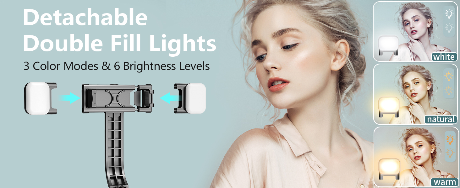 Detachable double fill light for photography or video. Features 3 color modes and 6 brightness levels, with adjustable arms.