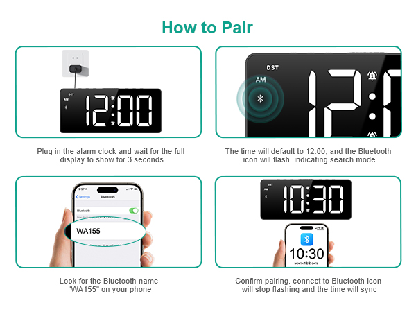 Digital Alarm Clock, LED Bedroom Clock with Bluetooth Sync Time