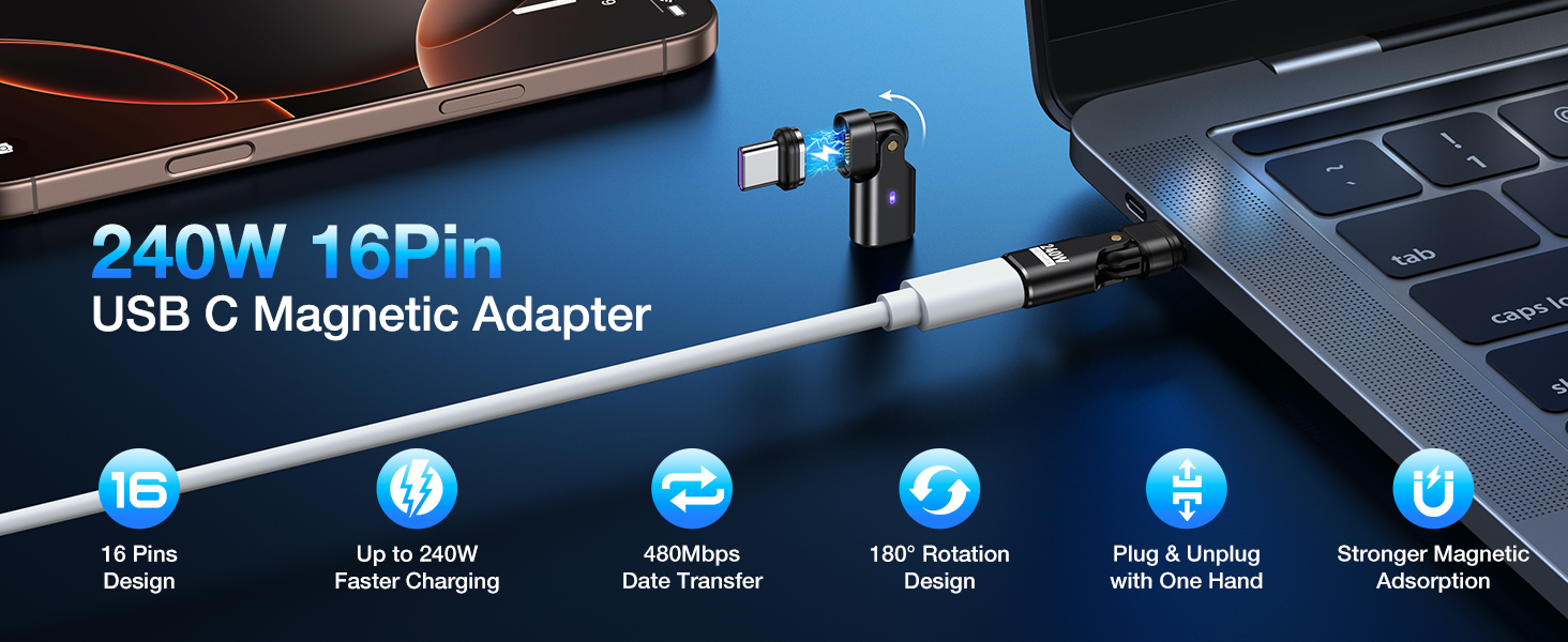 240W 16Pin USB-C magnetic adapter connected to laptop. Features include 16 pins, 240W power delivery, data transfer, 180° rotation, plug &amp; unplug with one hand, and strong magnetic connection.