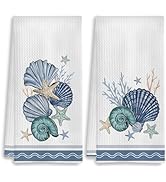 COWEB Coastal Beach Kitchen Towels Set of 2, Ocean Seashell Hand Towels for Bathroom, Coastal Dis...