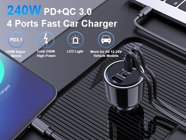 240W PD+QC 3.0 4 Ports Fast Car Charger