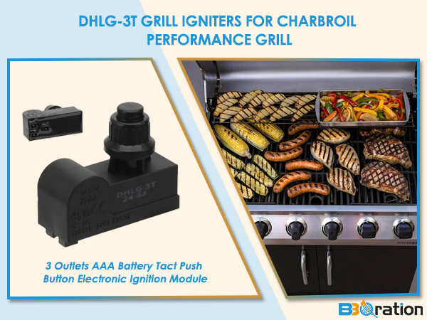 DHLG-3T Grill Igniters for Charbroil Performance Grill, 3 Outlets AAA Battery Tact Push Button