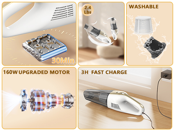 Lightweight handheld vacuum with powerful 160W motor, washable filter for home and car dust cleaning