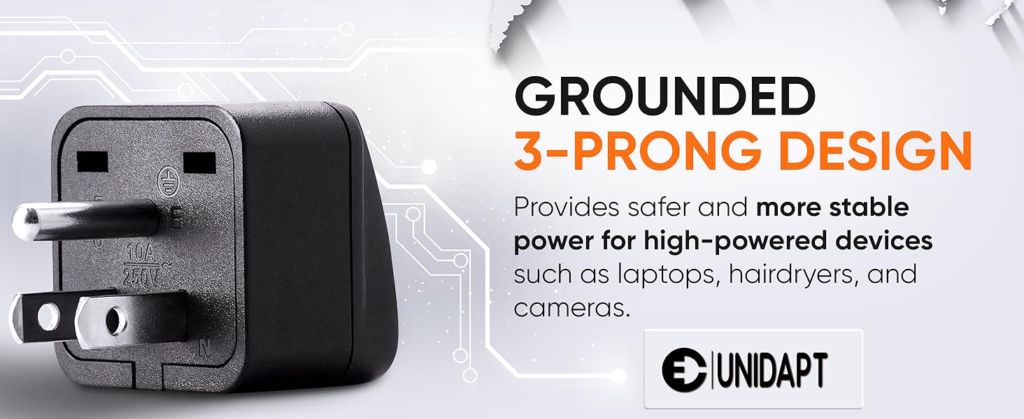 Grounded 3-prong design, more stable power for high-powered devices, laptops, hairdryers, cameras