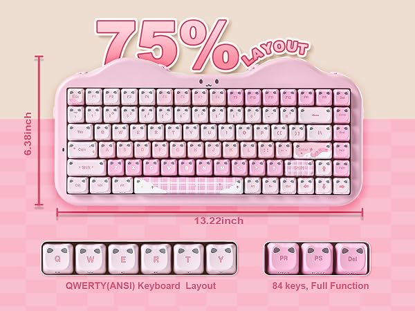 Text reads '75% Layout', 'GWETYIARDS Keyboard Layout', '84 keys, Full Function', '13.22inch'. Pink mechanical keyboard with dual-tone keycaps on gradient pink background. Dimensions and key layout specifications displayed.