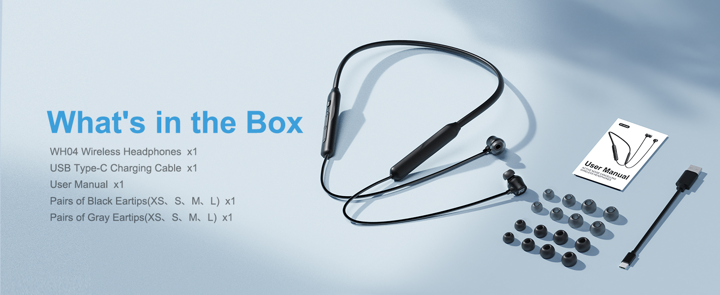 WH04 Wireless Headphones-replaceable ear tips for comfort, including an XS size for smaller ears.